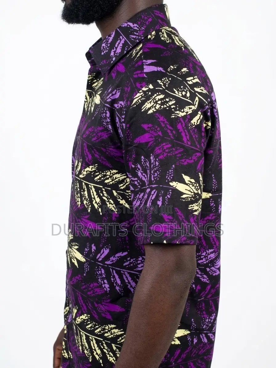 Men’s Black & Purple Leaf African Print Shirt