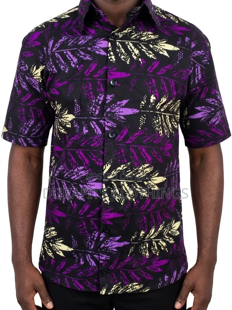 Men’s Black & Purple Leaf African Print Shirt