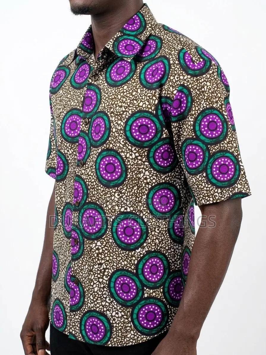 Men’s Purple & Teal Circle African Print Short-Sleeve Shirt