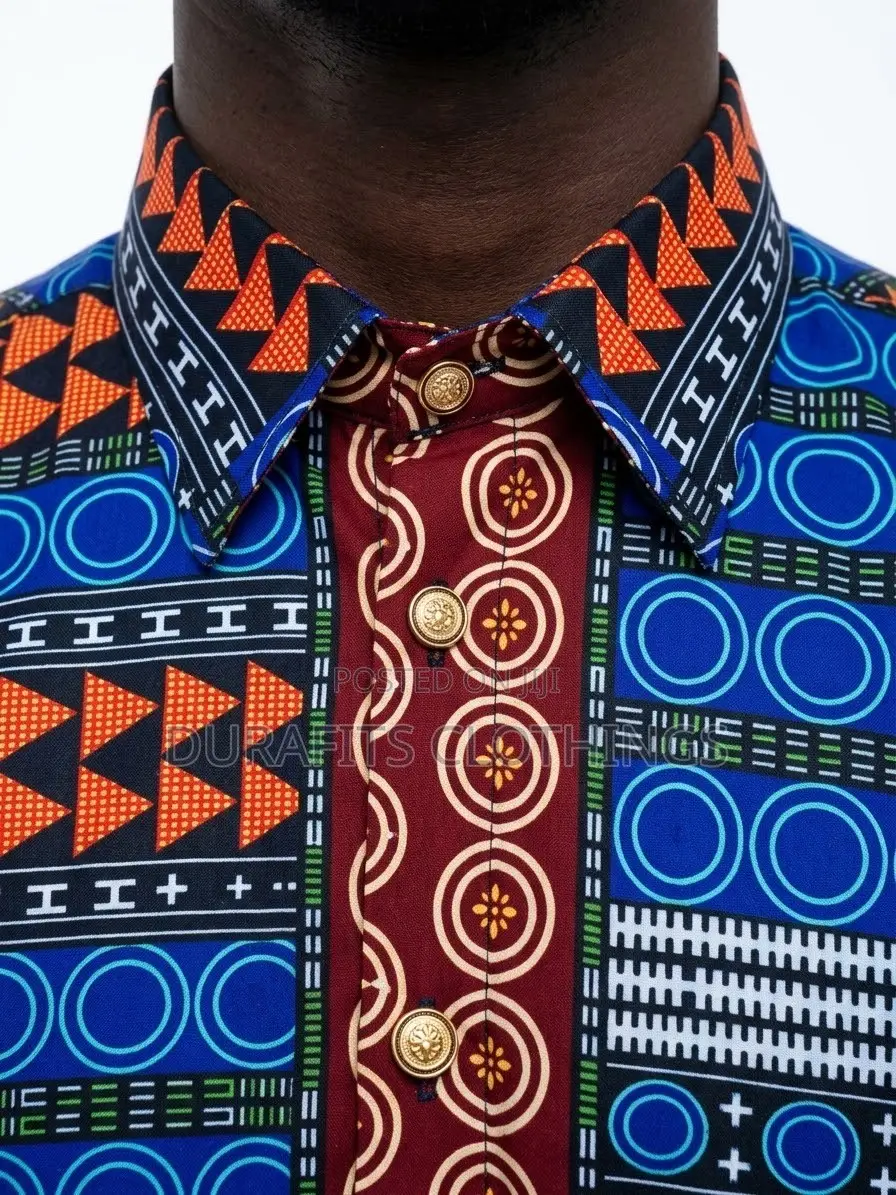 Men’s Multi-Pattern Geometric African Print Short-Sleeve Shirt
