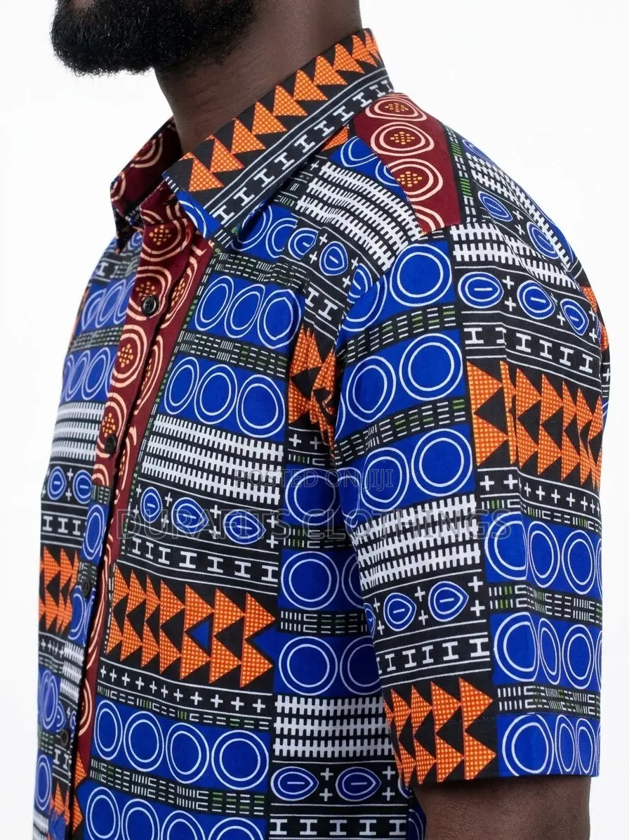 Men’s Multi-Pattern Geometric African Print Short-Sleeve Shirt