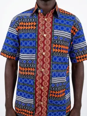 Men’s Multi-Pattern Geometric African Print Short-Sleeve Shirt
