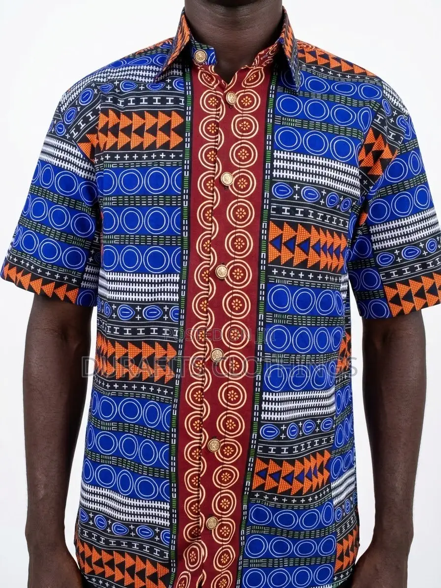 Men’s Multi-Pattern Geometric African Print Short-Sleeve Shirt