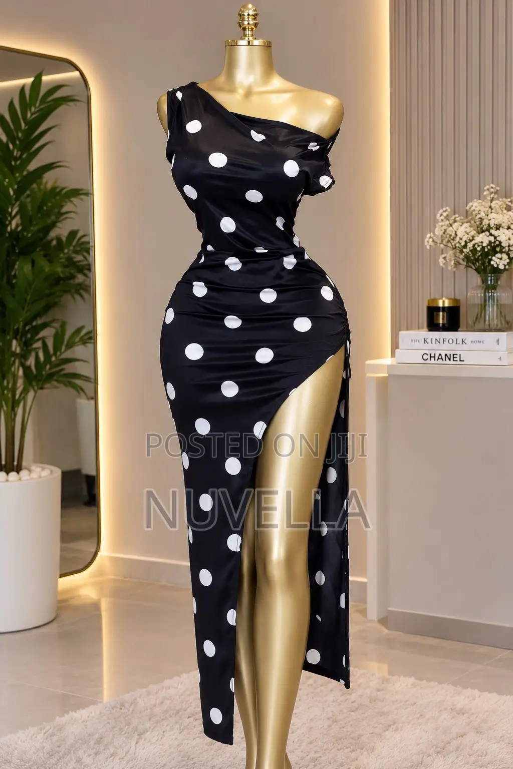 Black Polka Dot One-Shoulder Maxi Dress
