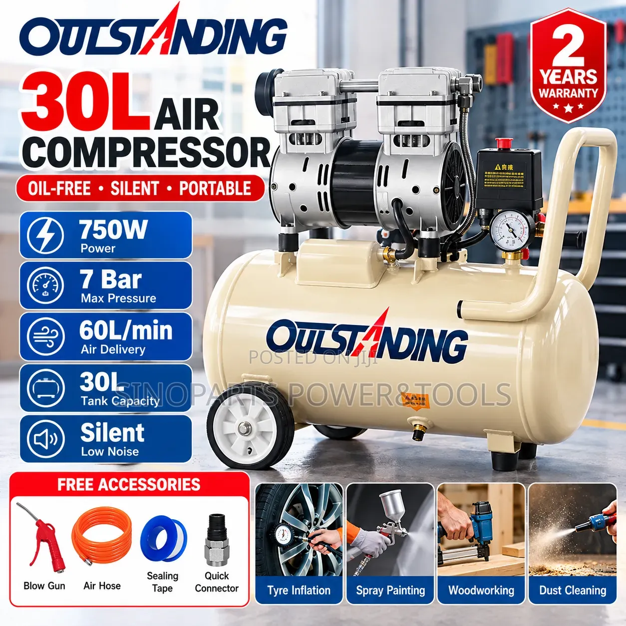 OULSTANDING 30L Oil-Free Silent Air Compressor 750W 7Bar
