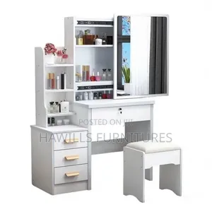 Modern White Dressing Vanity Set Featuring a Sliding Mirror.