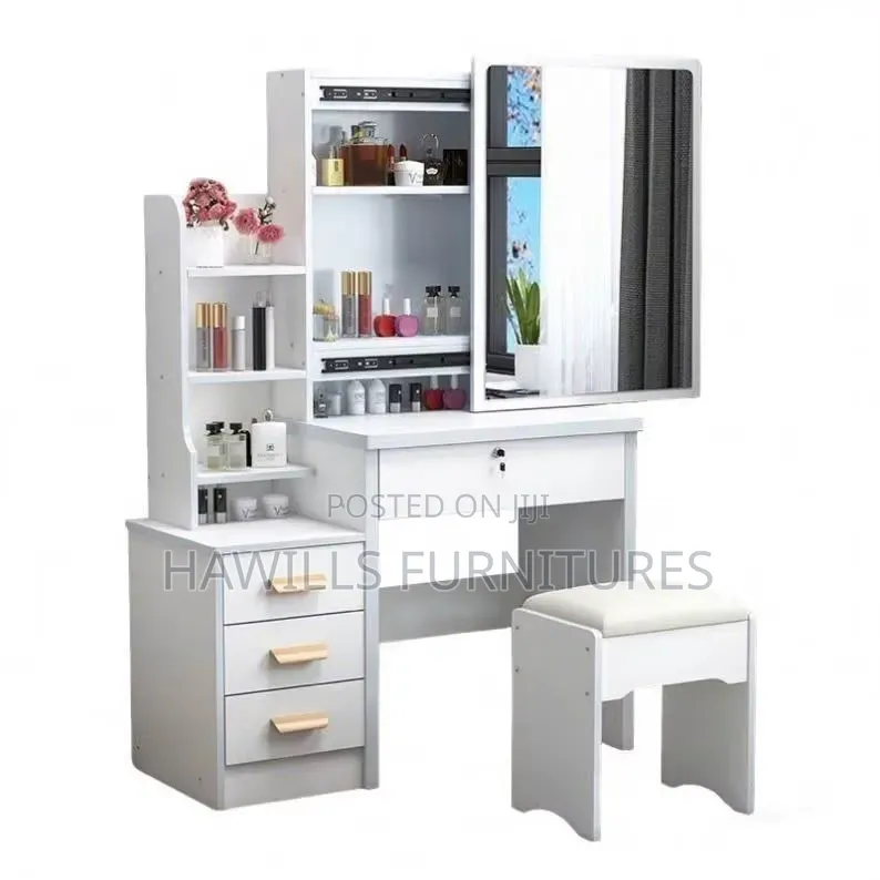 Modern White Dressing Vanity Set Featuring a Sliding Mirror.