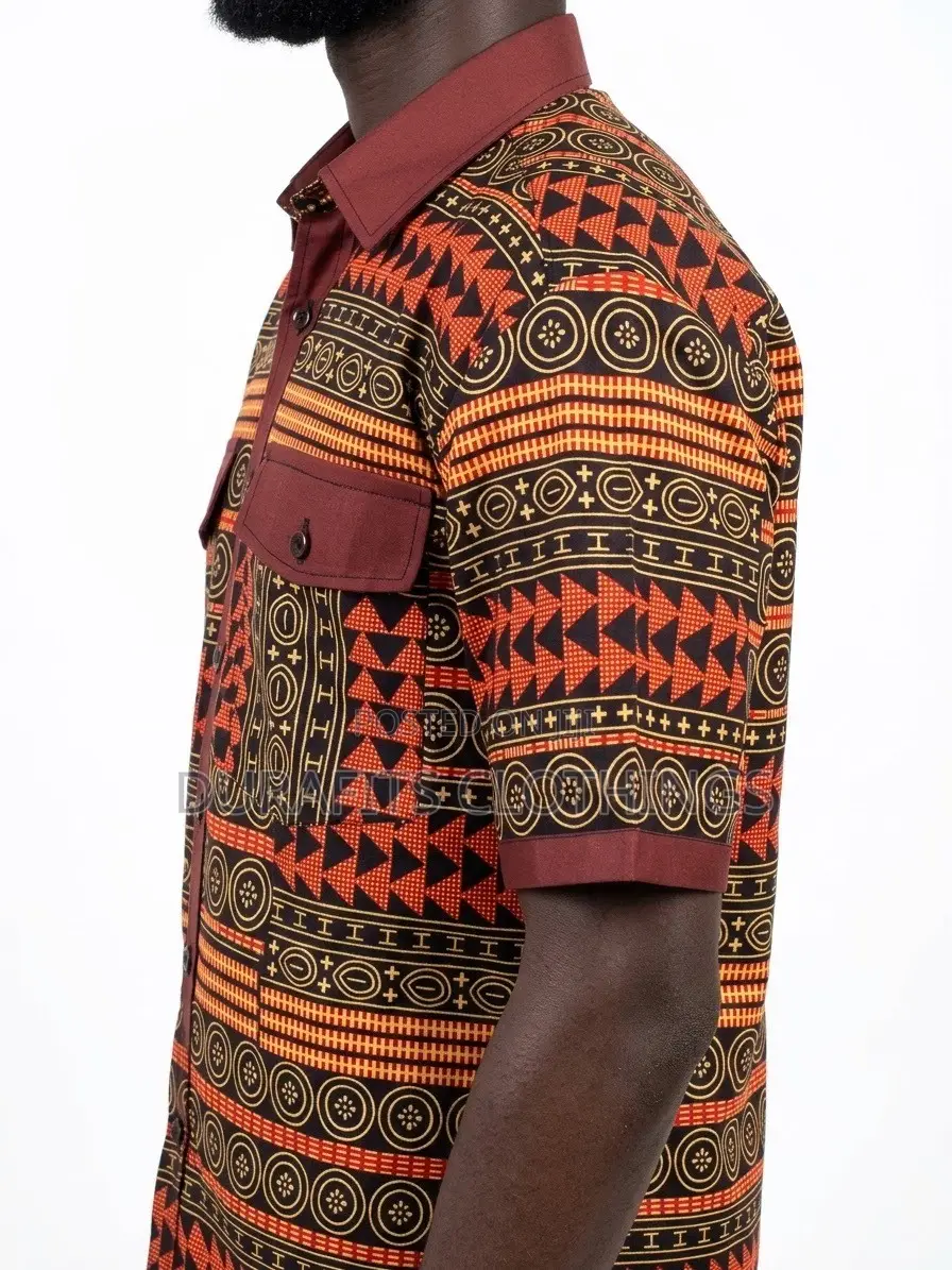 Men’s Dual-Pocket Tribal Motif African Print Shirt