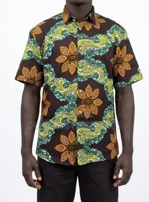 Men’s Green Floral Wave African Print Short-Sleeve Shirt