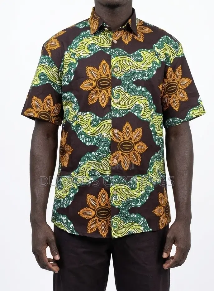 Men’s Green Floral Wave African Print Short-Sleeve Shirt