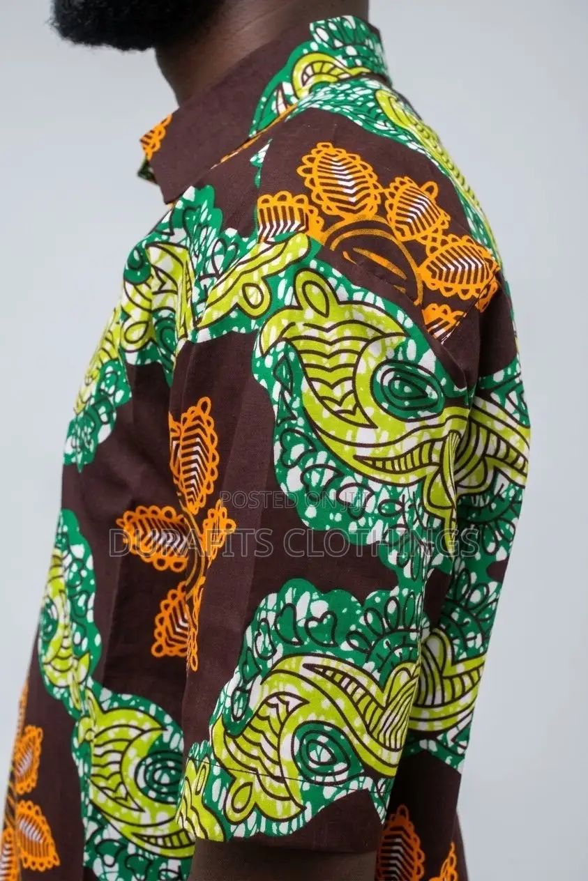 Men’s Green Floral Wave African Print Short-Sleeve Shirt