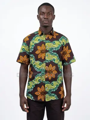 Men’s Green Floral Wave African Print Short-Sleeve Shirt