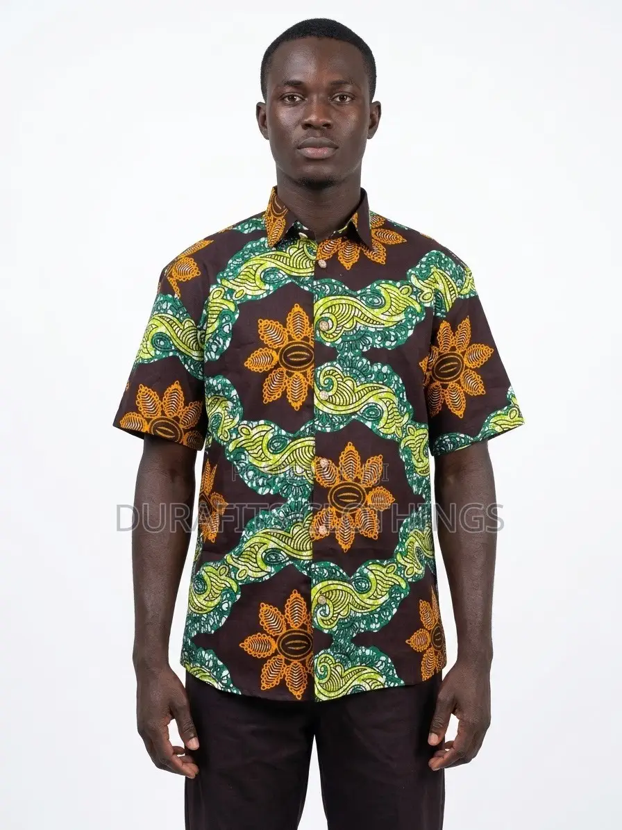 Men’s Green Floral Wave African Print Short-Sleeve Shirt