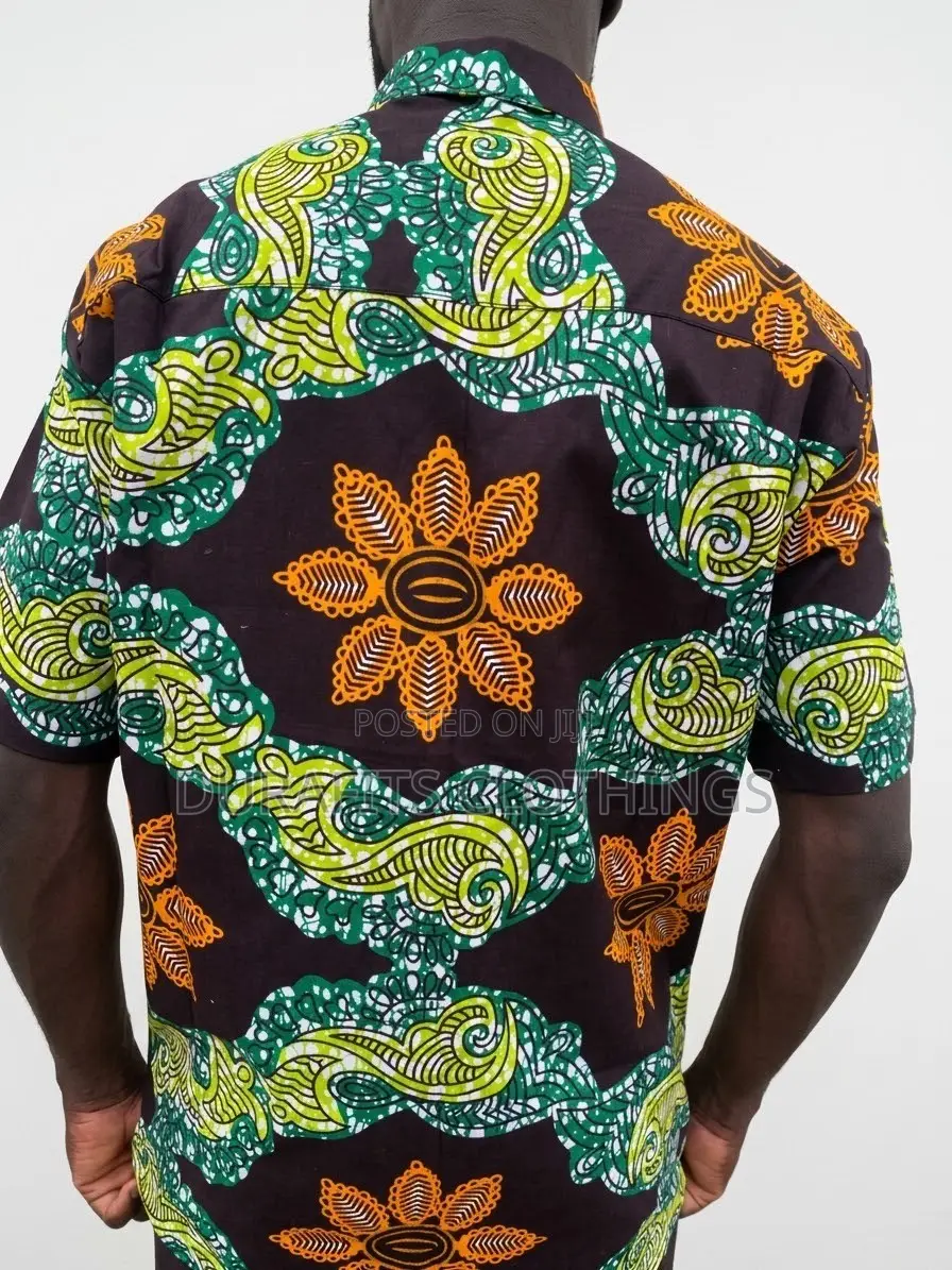 Men’s Green Floral Wave African Print Short-Sleeve Shirt