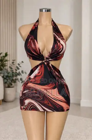 Marble Swirl Backless Halter Mini Dress