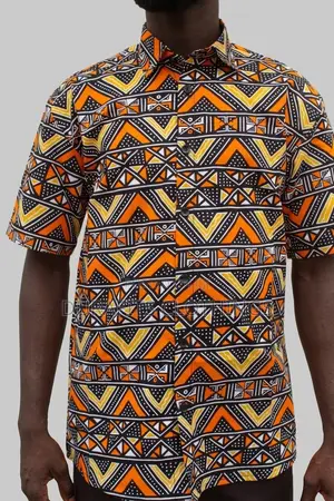 Men’s Vibrant Orange Chevron African Print Short-Sleeve Shirt
