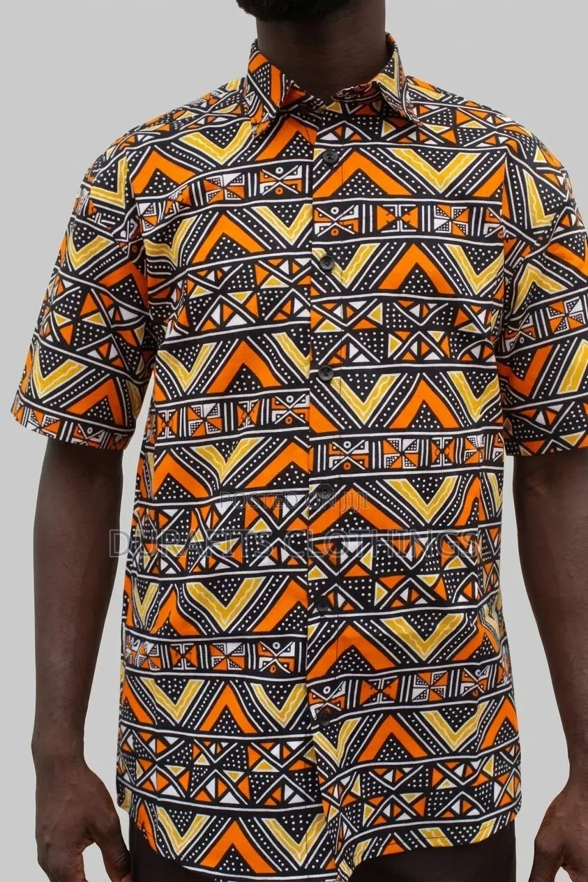 Men’s Vibrant Orange Chevron African Print Short-Sleeve Shirt