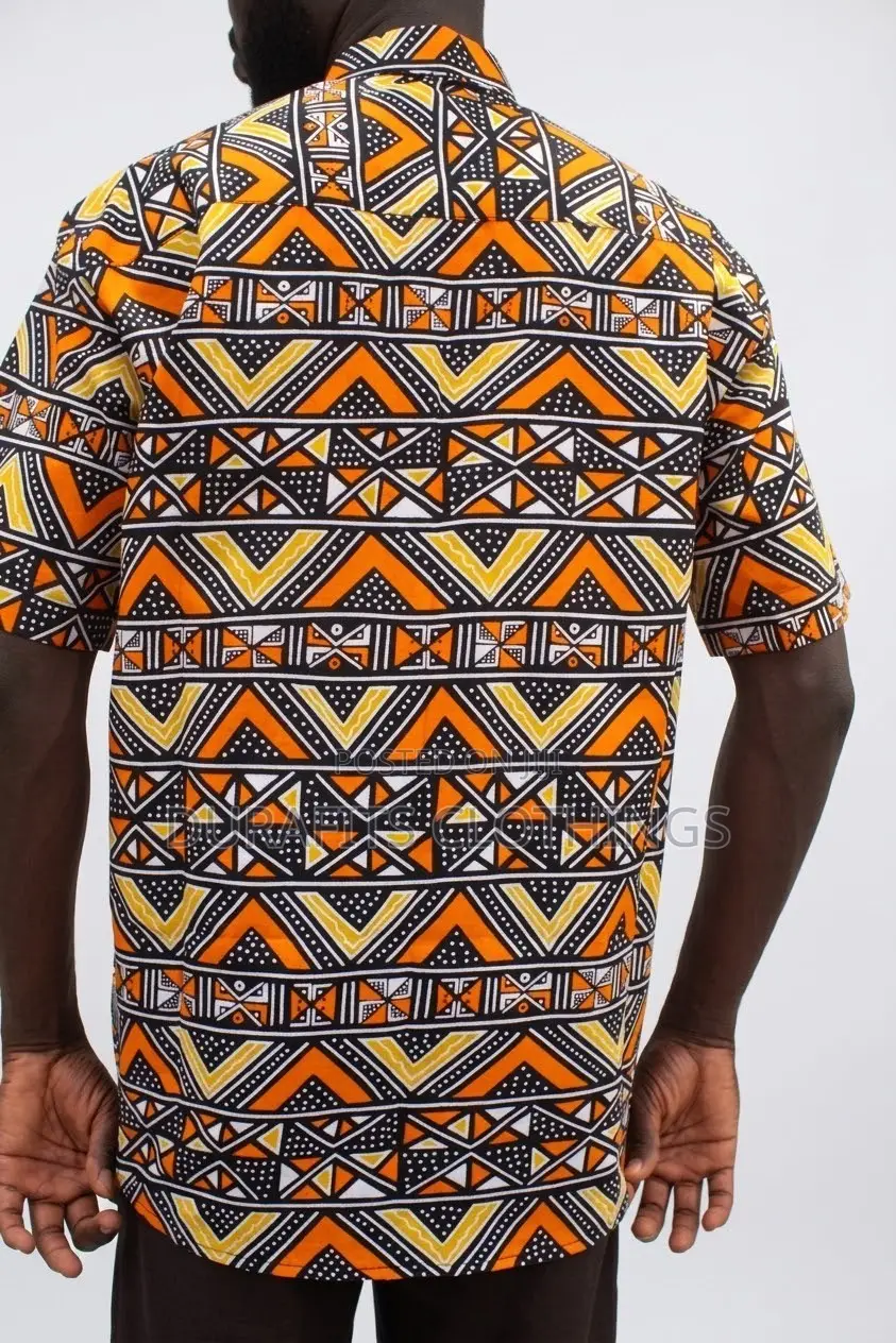 Men’s Vibrant Orange Chevron African Print Short-Sleeve Shirt