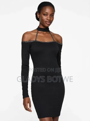 New Black Choker Off-Shoulder Bodycon Dress. Uk 14
