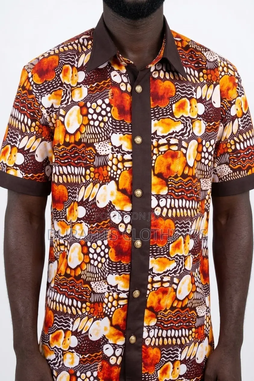 Men’s Ochre & Brown Mosaic African Print Short-Sleeve Shirt