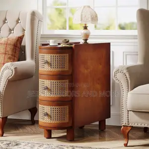 Side Table NightStand With 3 Rattan Drawers