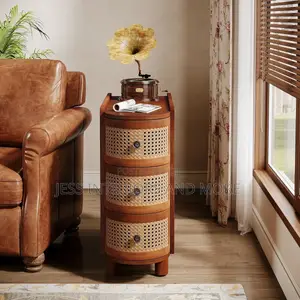 Side Table NightStand With 3 Rattan Drawers