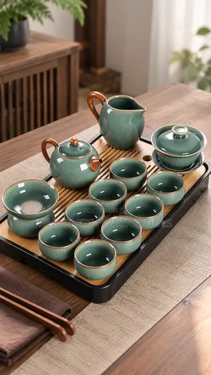 Chinese Ceramic Tea Set With Teapot Cups Gaiwan & Tea Tray