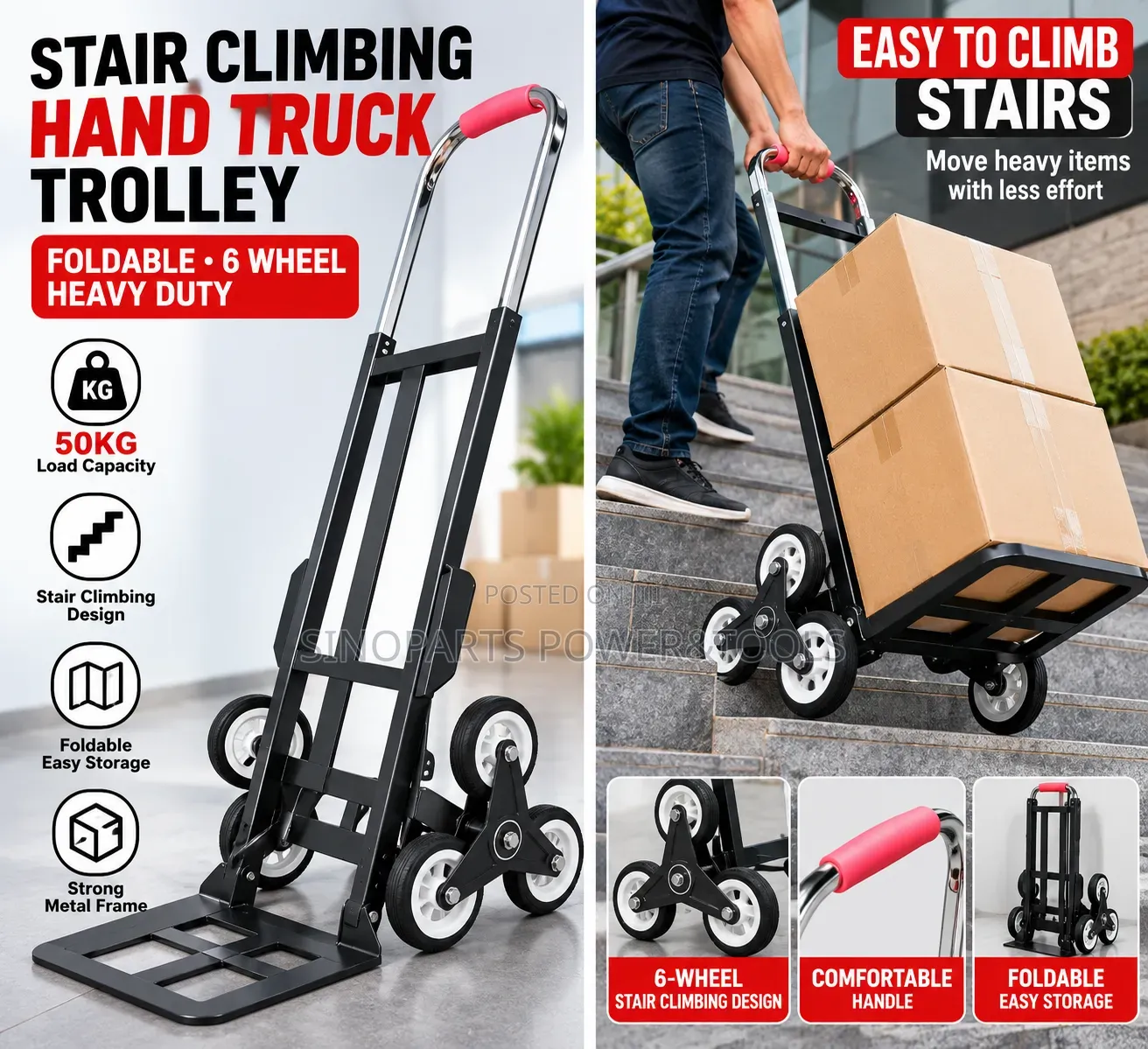 Foldable Stair Climbing Hand Truck Trolley 6-Wheel 50kg