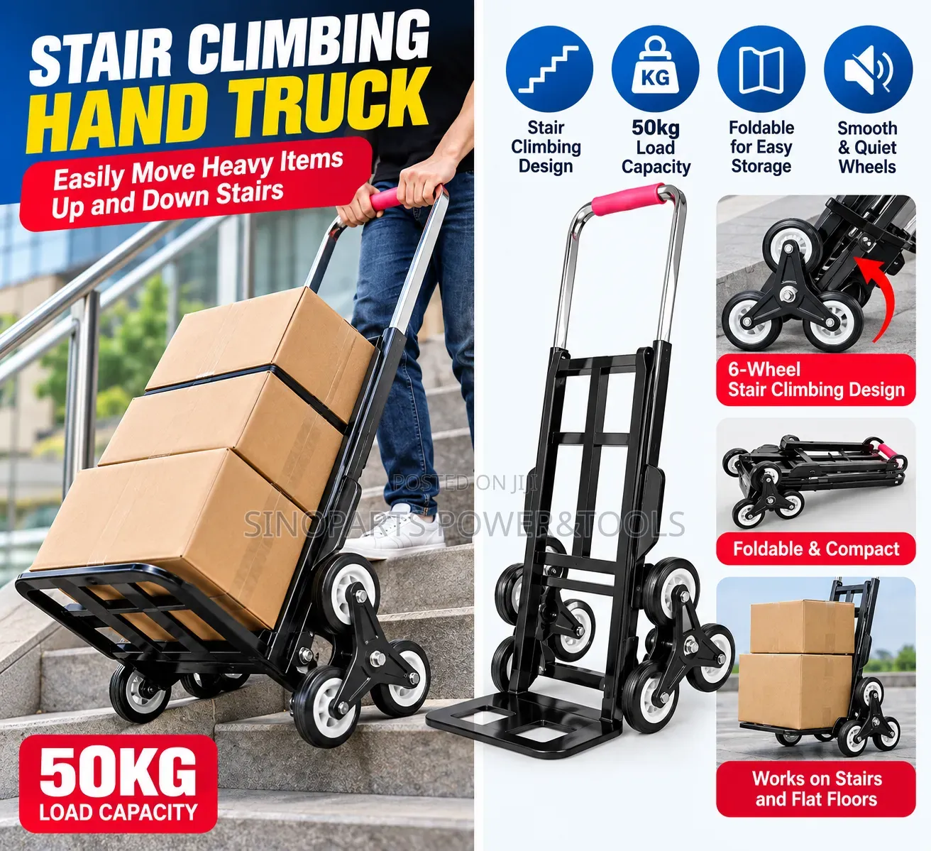 Foldable Stair Climbing Hand Truck Trolley 6-Wheel 50kg