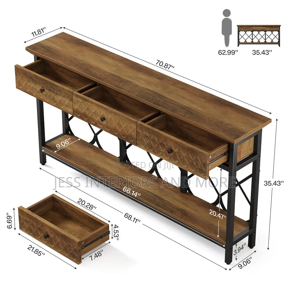 Extra Long Console Table With 3 Drawers and Storage Shelf