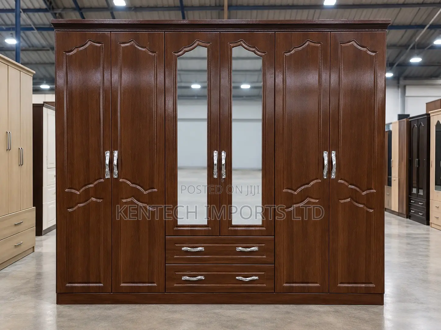 Modern Walnut 6-Door Wardrobe With Mirrors & Drawers