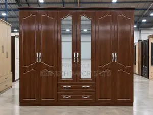 Modern Walnut 6-Door Wardrobe With Mirrors & Drawers
