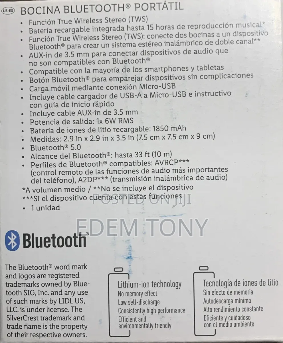 New SilverCrest 5.0 Portable Bluetooth Speaker 33ft Range 15hr Battery