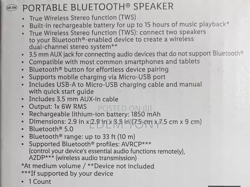 New SilverCrest 5.0 Portable Bluetooth Speaker 33ft Range 15hr Battery