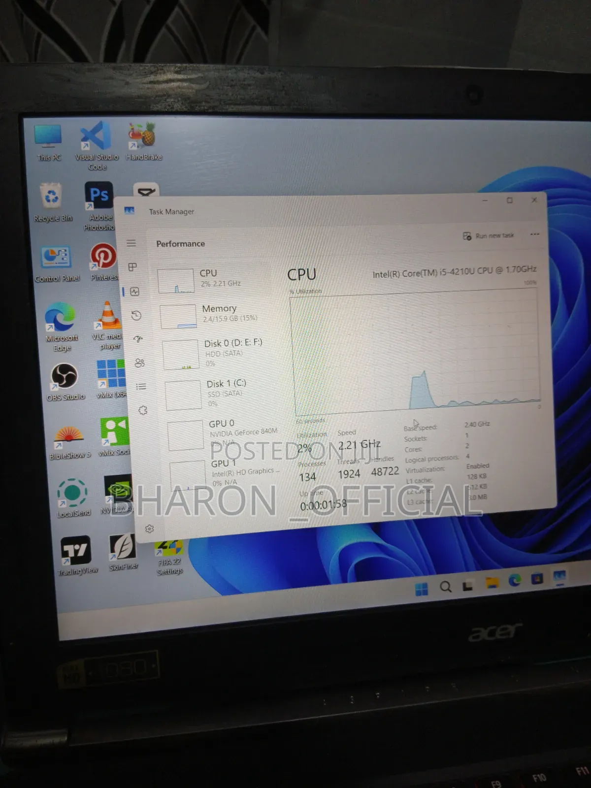 Laptop Acer Aspire A715 71G 16GB Intel Core i5 SSHD+SSD 1T