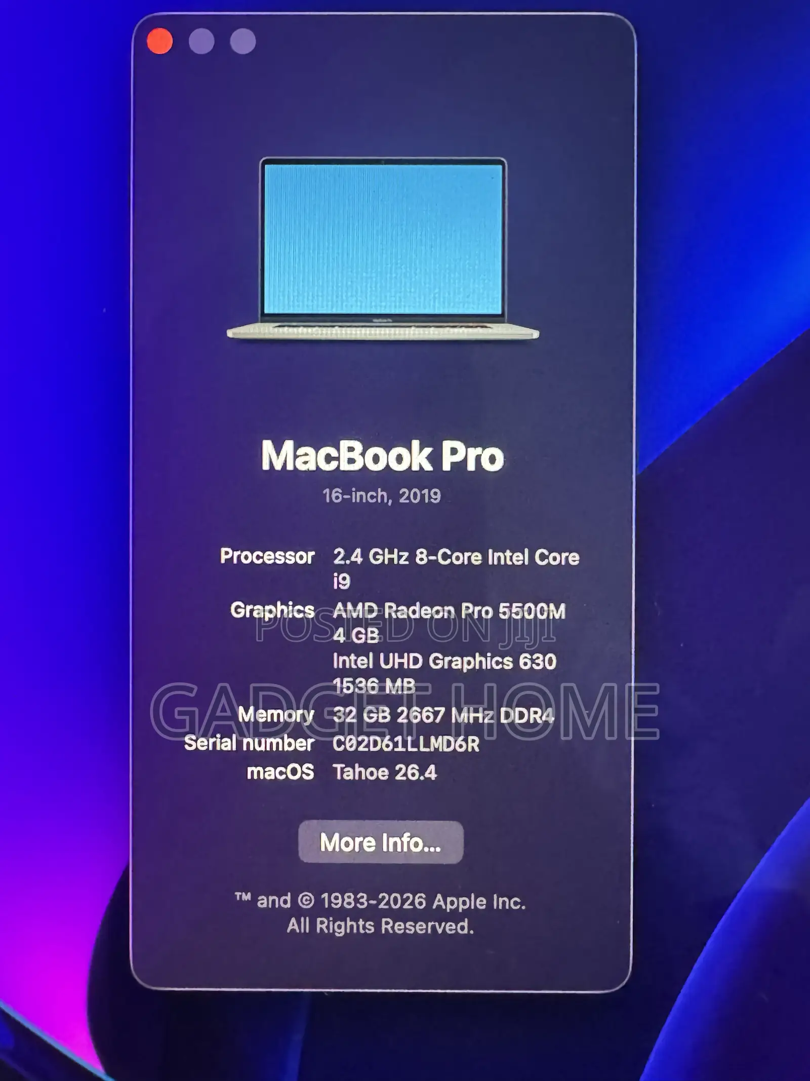 Laptop Apple MacBook Pro 2019 32GB Intel Core i9 SSD 512GB