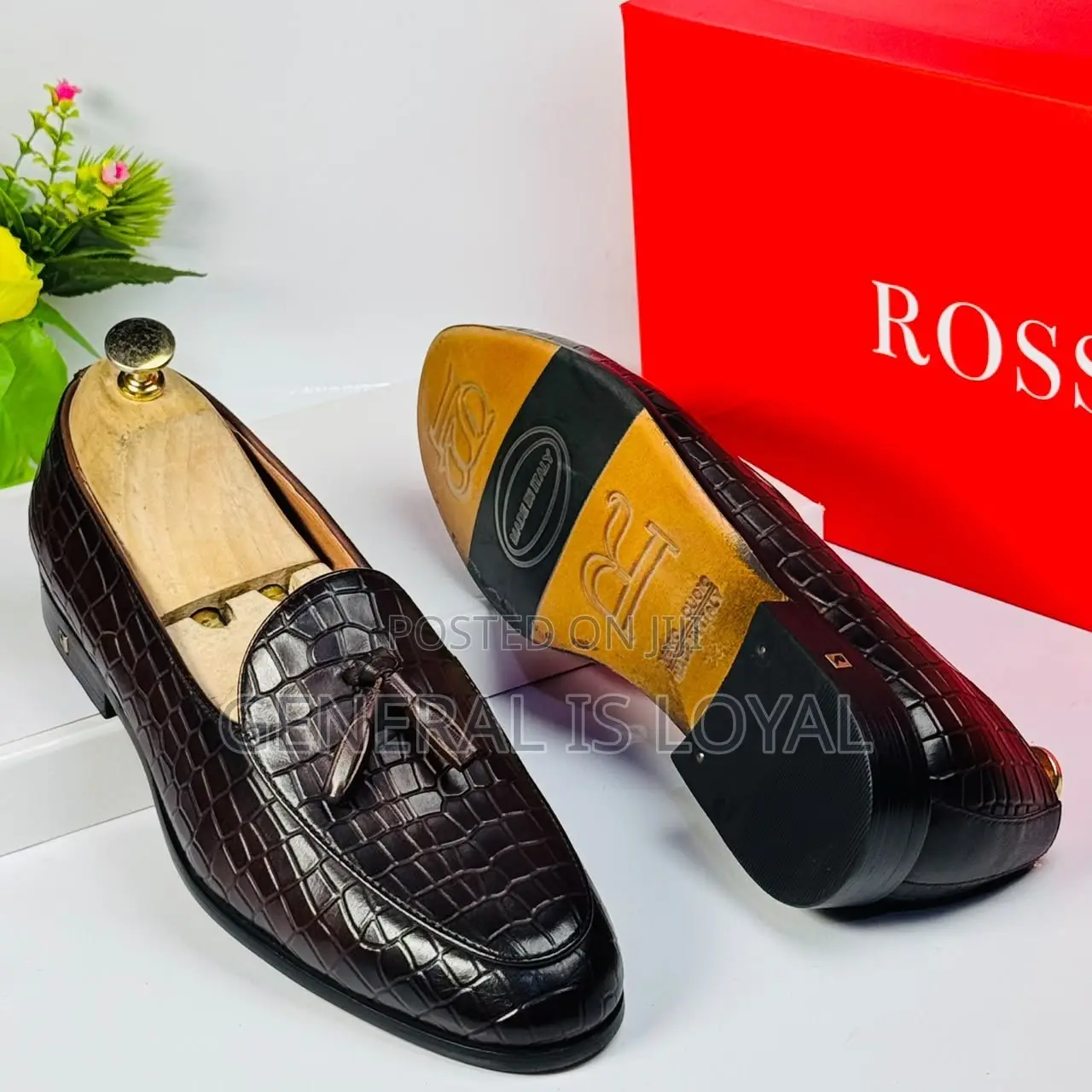 Rossi Dark Brown Ring My Bell, Croc-Embossed Leather Tassel Loafers