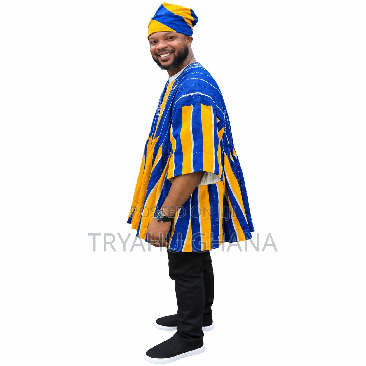Authentic Blue, Yellow & White Batakari Smock With Hat-Tryahu SmockHub