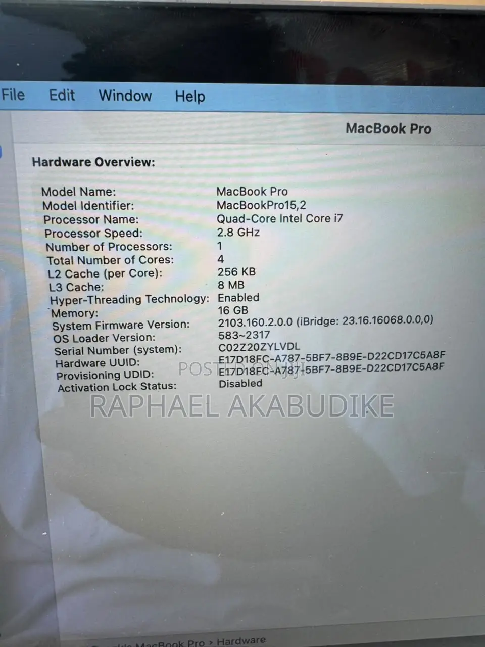 Laptop Apple MacBook Pro 2019 16GB Intel Core i7 SSD 256GB