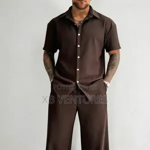 Dou-Color Men's Textured Draped Short Sleeve Shirt & Wide Leg Pants