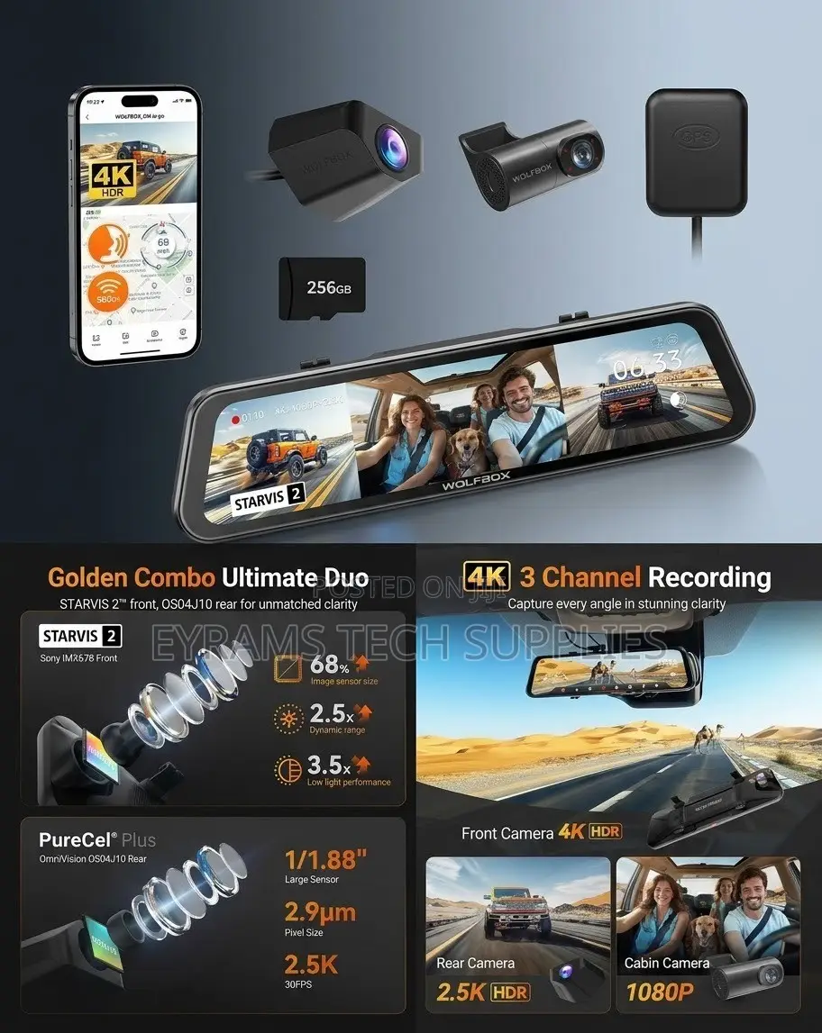 WOLFBOX 4K 3-Channel Dash Cam (Front, Rear & Cabin) + GPS