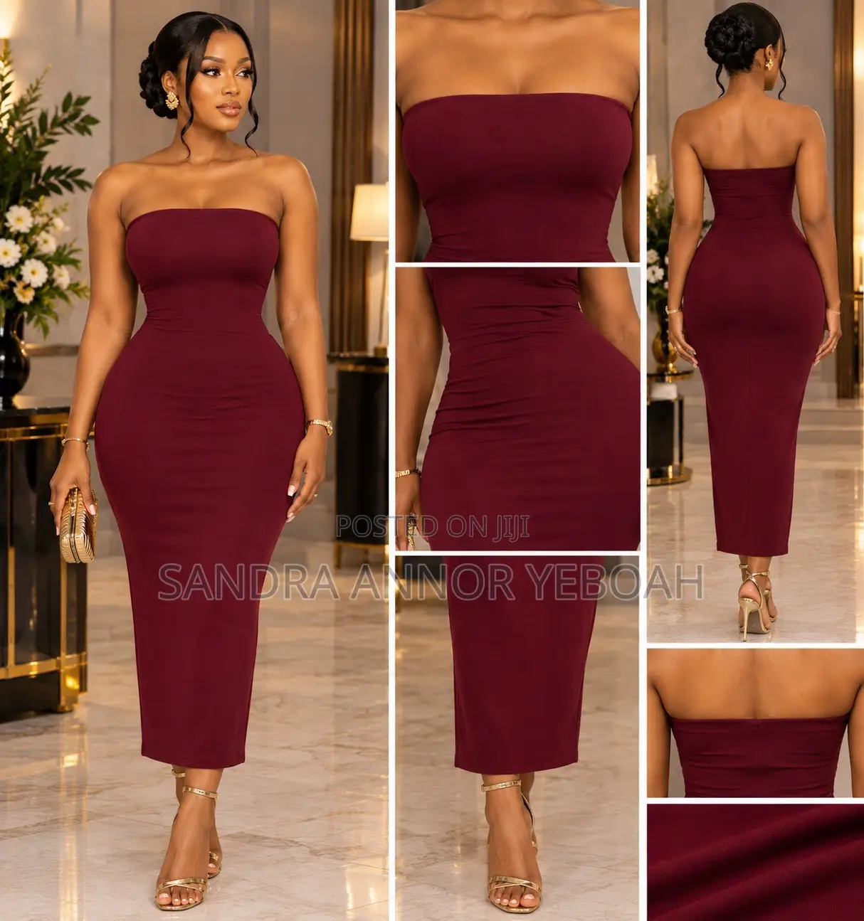 Burgundy Strapless Bodycon Midi