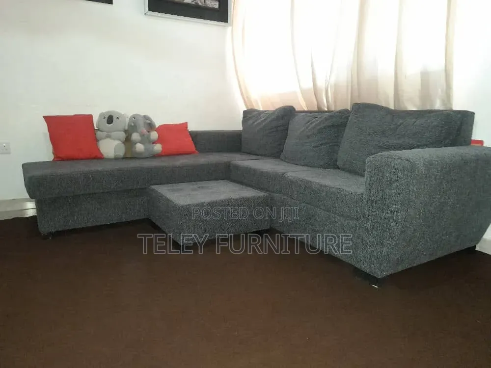 Modern L-Shaped Ash Corduroy Corner Sofa With Ottoman