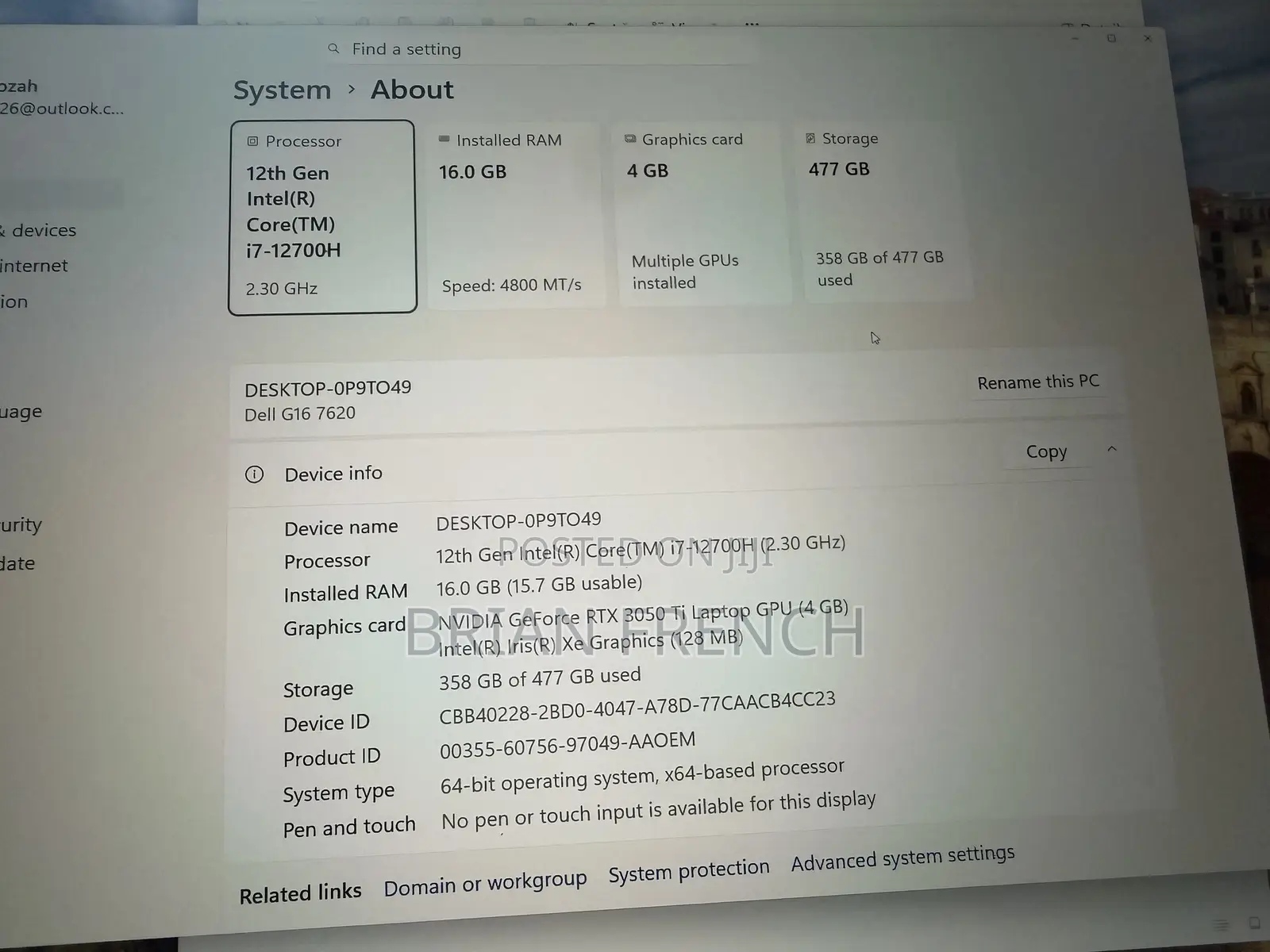 Laptop Dell G16 7620 16GB Intel Core i7 HDD+SSD 500GB