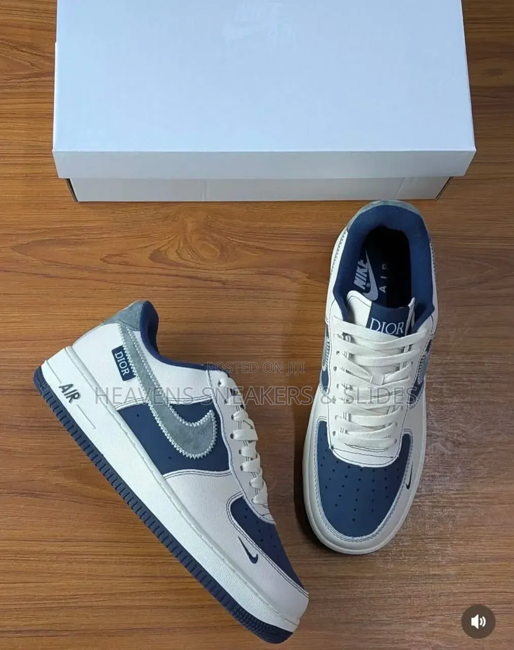 The Nike Air Force 1 X Dior Sneakers White and Navy Blue Colorway.