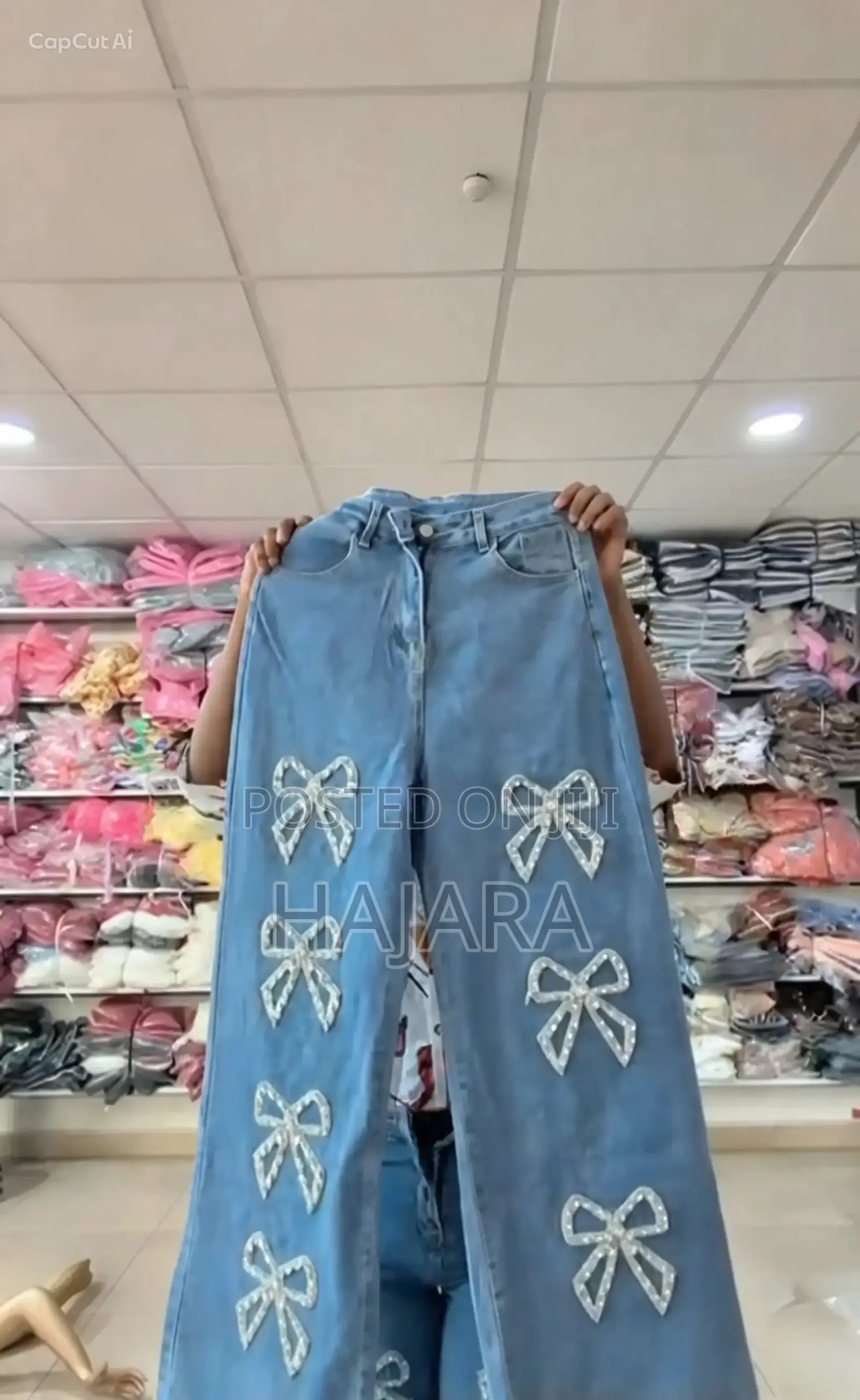 Denim Wide Leg Pants With Row Rhinestones
