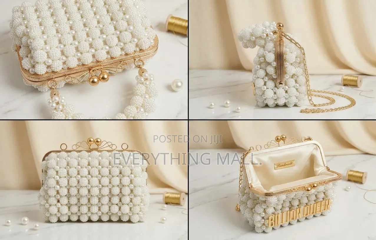 Handmade Pearl Beaded Handbag With Gold Chain, Brand New, Never Used.