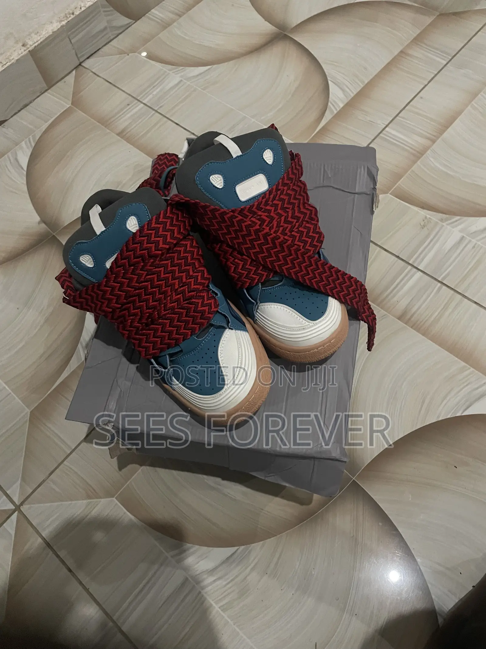 Lanvin Curb Leather & Suede Sneaker (Blue / Red)