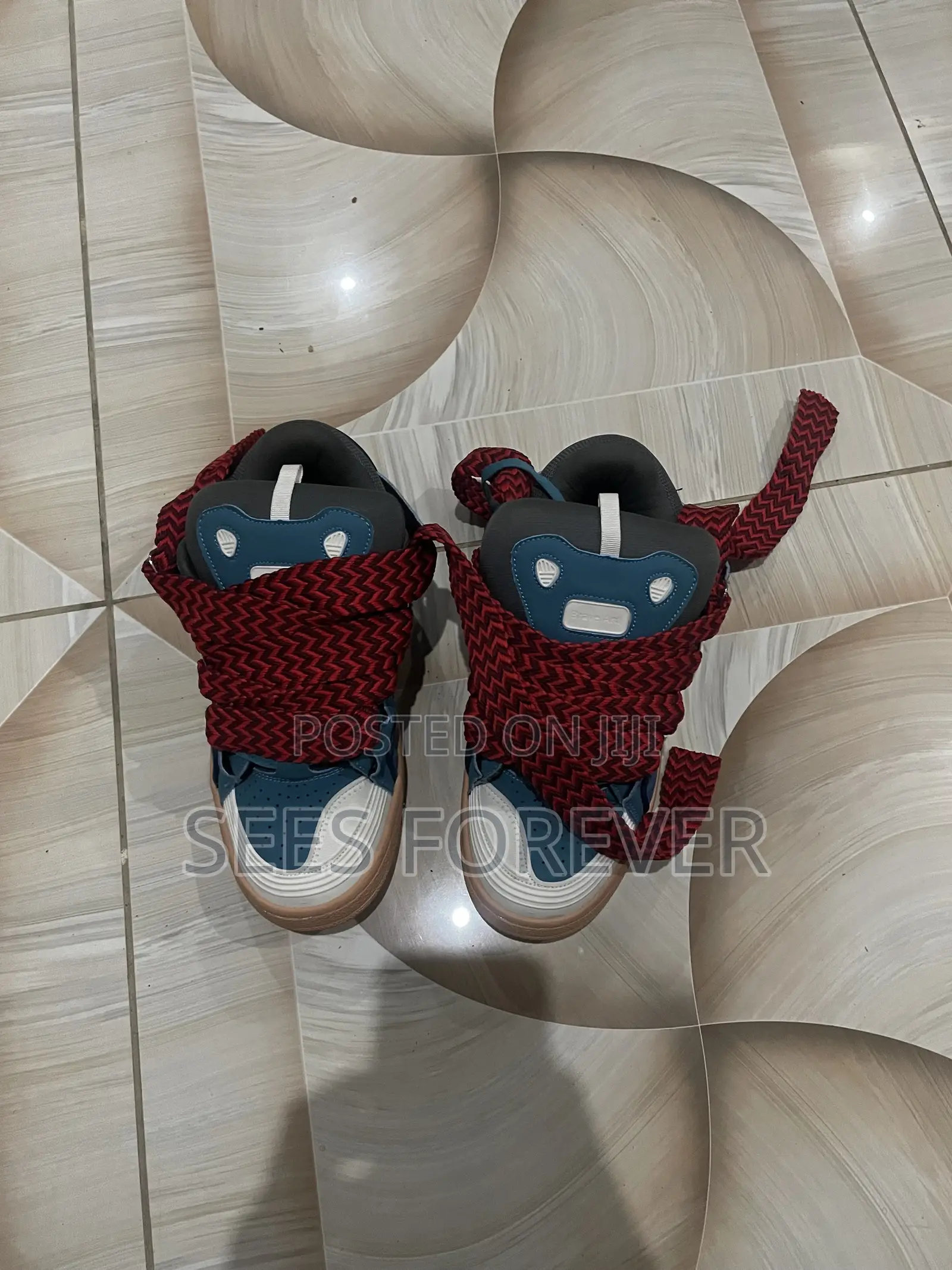 Lanvin Curb Leather & Suede Sneaker (Blue / Red)