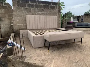 Queen Beige Channel-Tufted Bed Frame With Side Drawers and Bench
